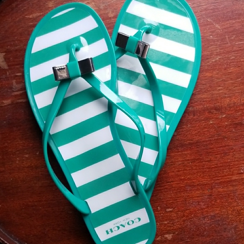 EUC Teal Striped COACH Jelly Flip Flops Sandals